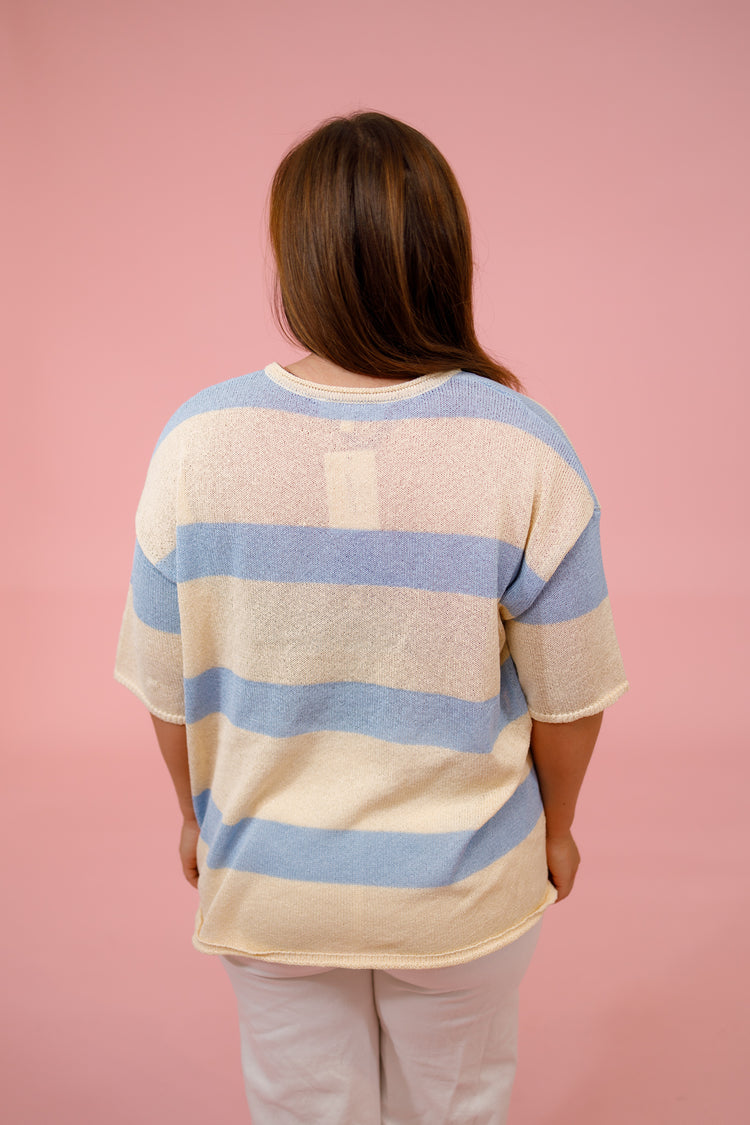Light Blue Stripe Knit Round Neck Top, S-3XL