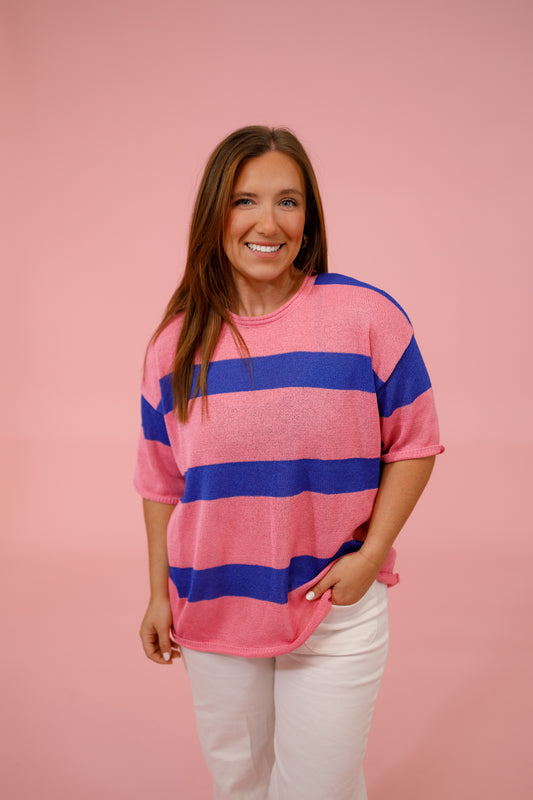 Pink and Blue Stripe Knit Round Neck Top