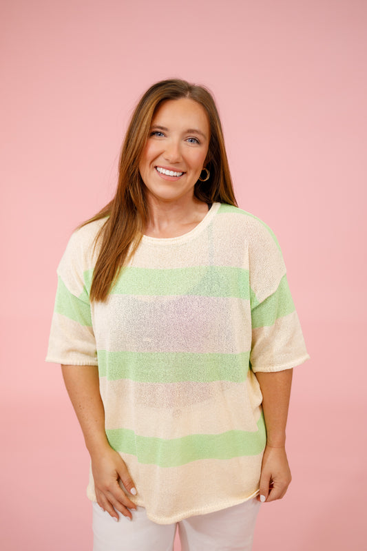 Green Stripe Knit Round Neck Top, S-3XL