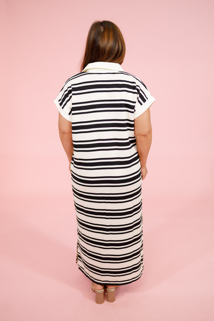 Cream and Black Stripe Split Neck Midi Dress