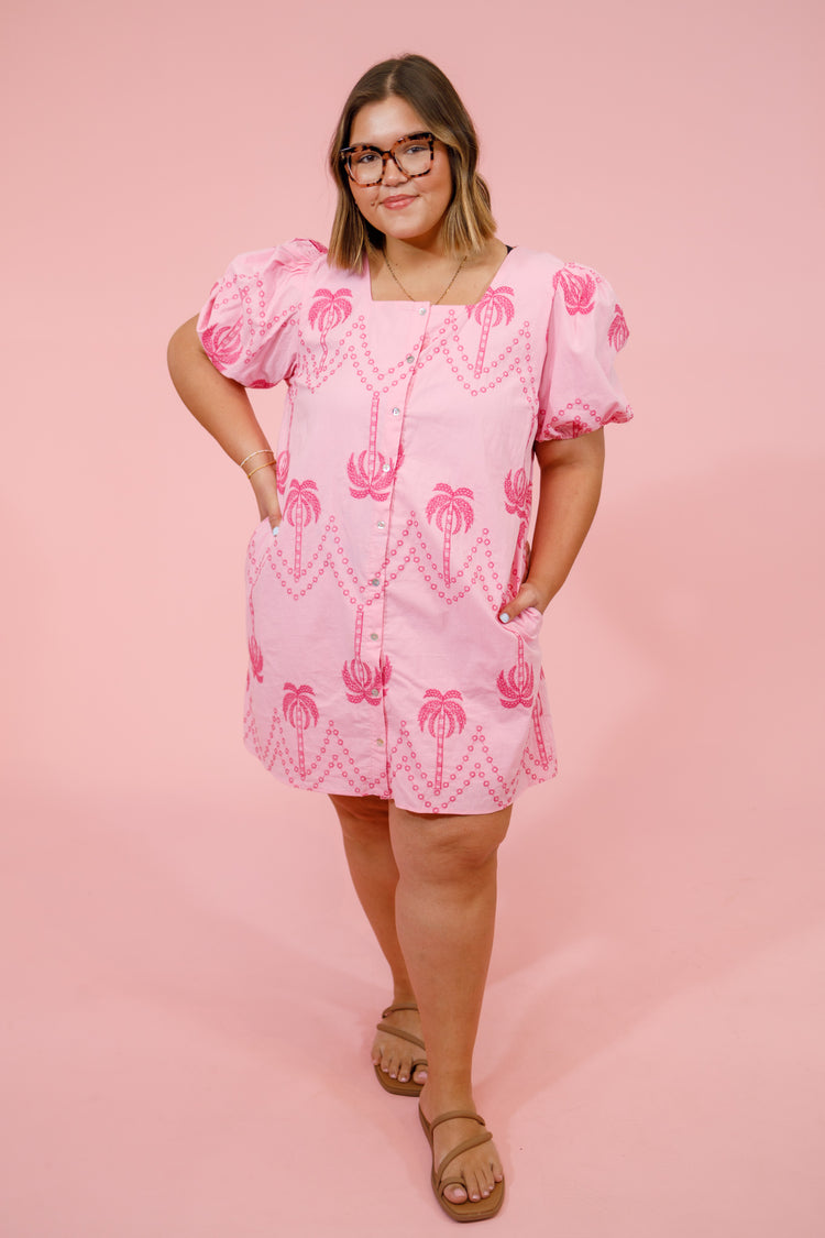 Embroidered Palm Dress, PINK