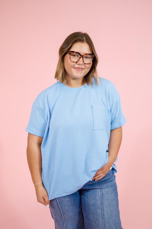 Curvy Spring Blue Ribbed Boxy Pocket Top