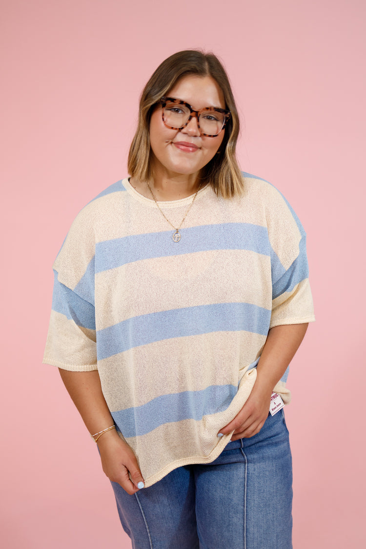 Light Blue Stripe Knit Round Neck Top, S-3XL