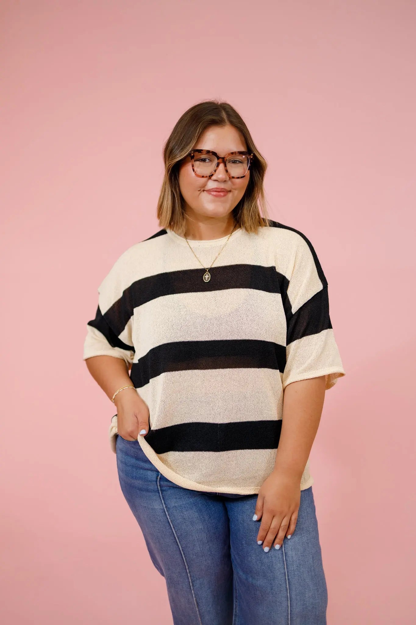 Black Stripe Knit Round Neck Top, S-3XL Jaxe + Grace Boutique