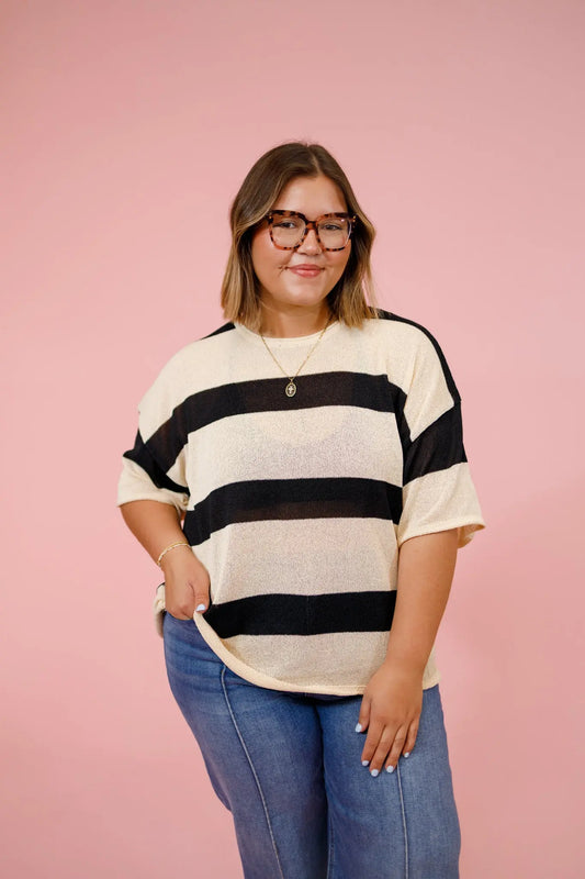 Black Stripe Knit Round Neck Top, S-3XL Jaxe + Grace Boutique