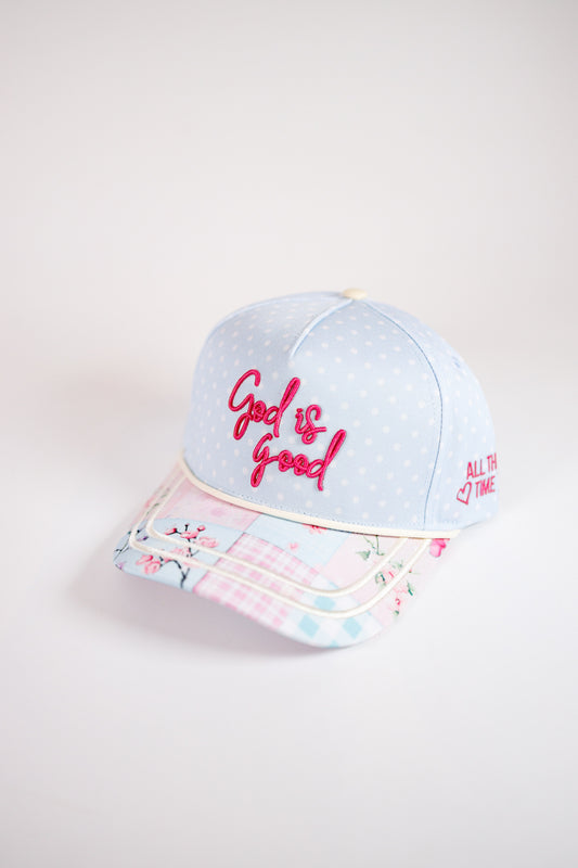 "God is Good" Pink and Blue Floral Hat