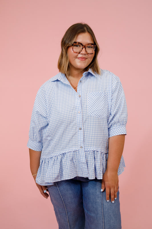 Curvy Blue Gingham Ruffle Hem Top