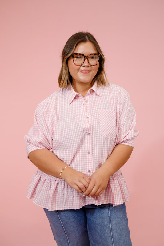 Curvy Pink Gingham Ruffle Hem Top