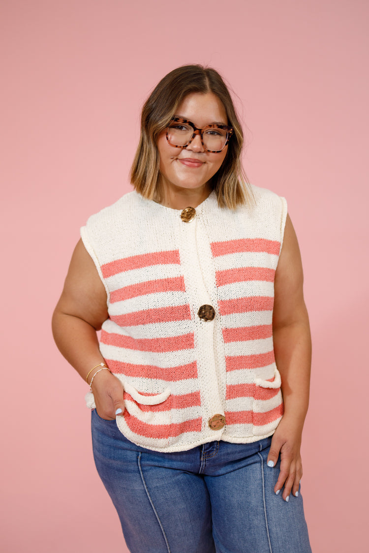 Coral Stripe Gold Button Sweater Top, S-2XL