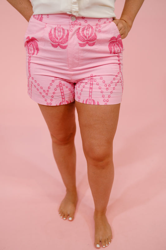 Pink Palm Tree Embroidered Shorts