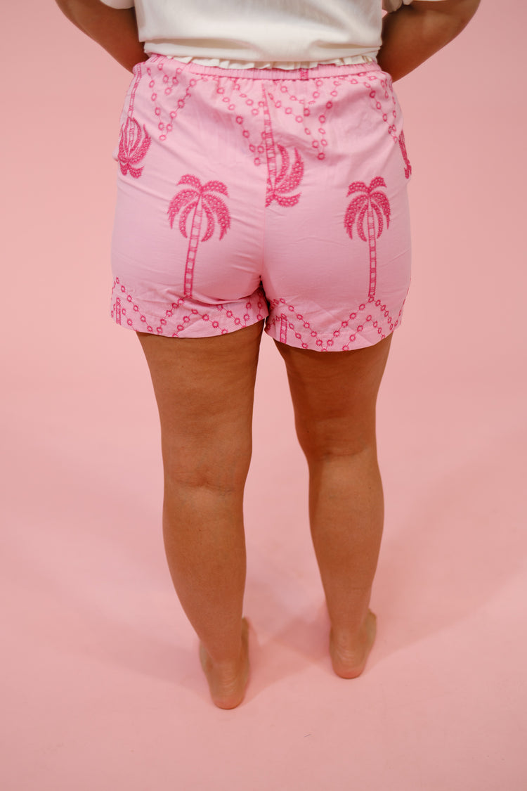 Pink Palm Tree Embroidered Shorts