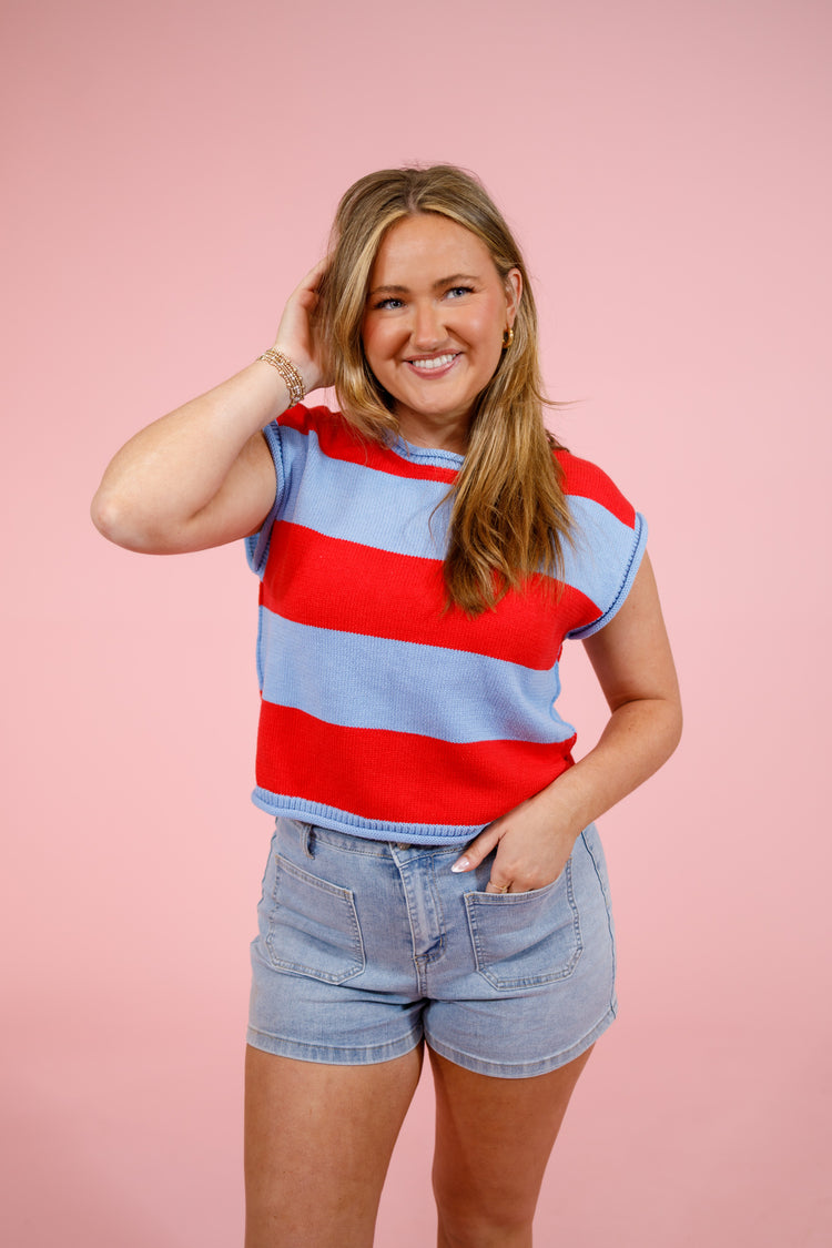 Red and Blue Stripe Knit Top