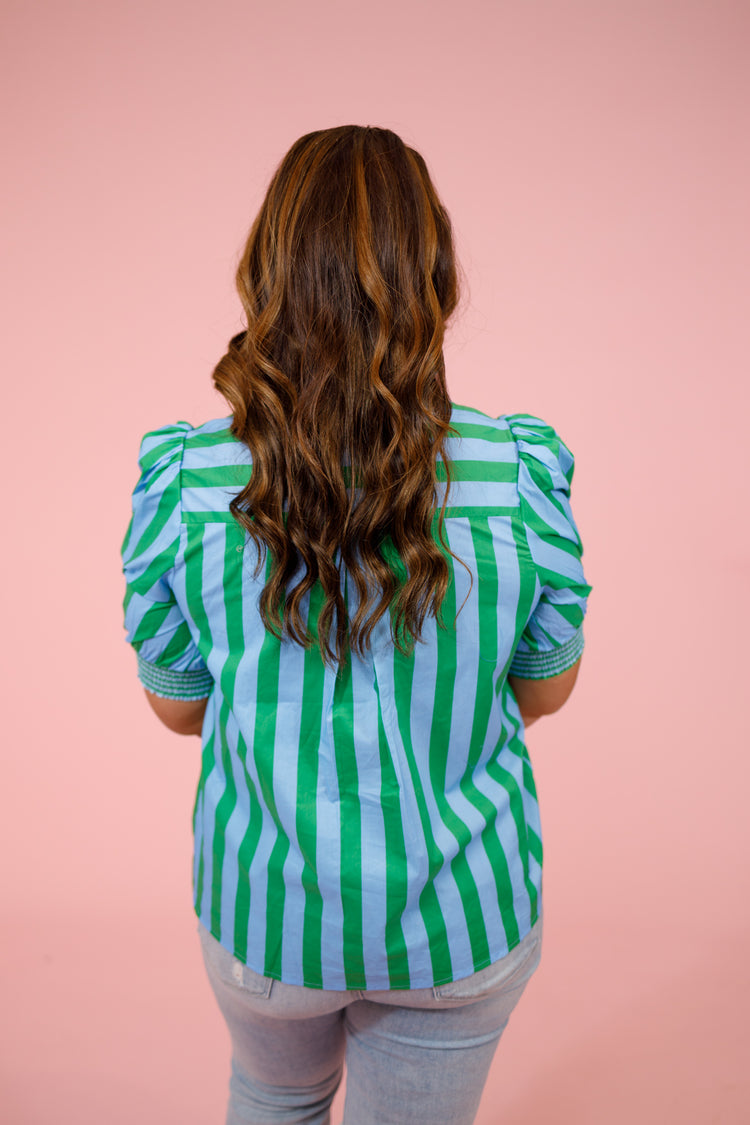 Blue and Green Vertical Stripe Puff Sleeve Top