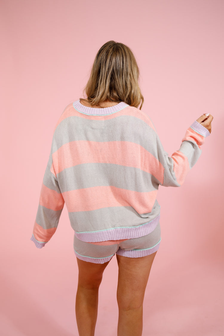 Pink and Grey Striped Knit Shorts Set