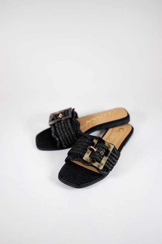 Black Tortoise Buckle Raffia Sandals