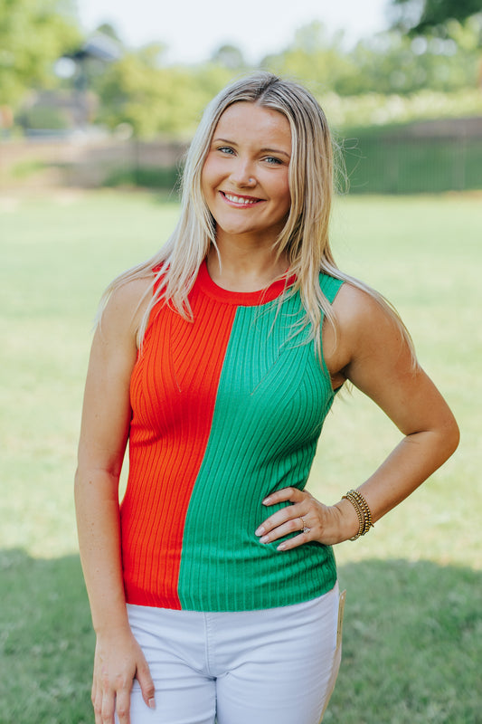 Contrast Sweater Ribbed Top, ORANGE/GREEN