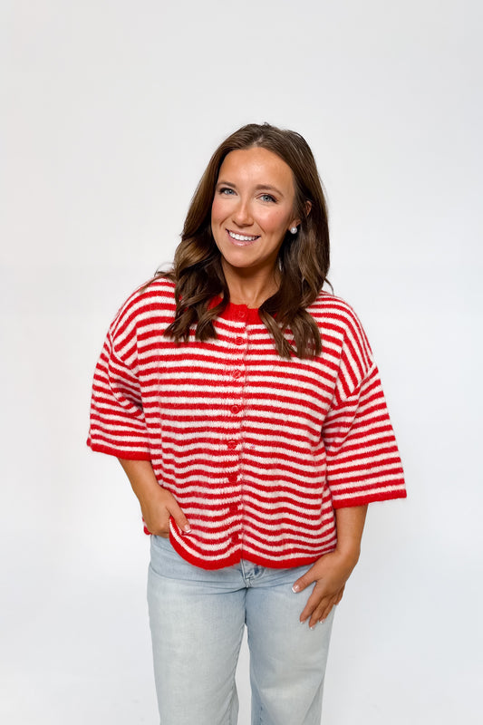 Red Striped Button Up Cardigan