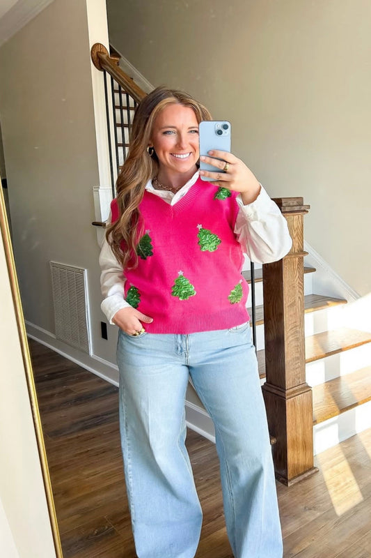 Hot Pink Sequin Tree Sweater Vest