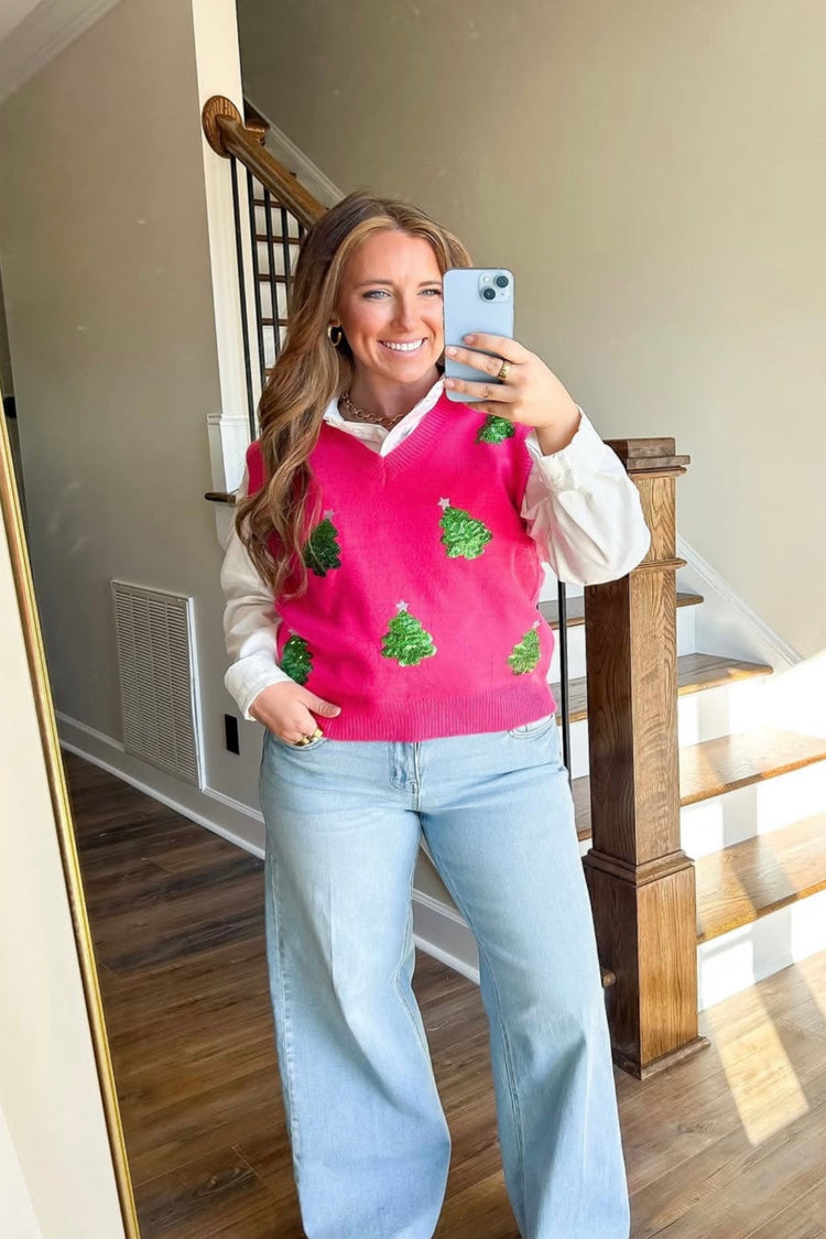 Hot Pink Sequin Tree Sweater Vest