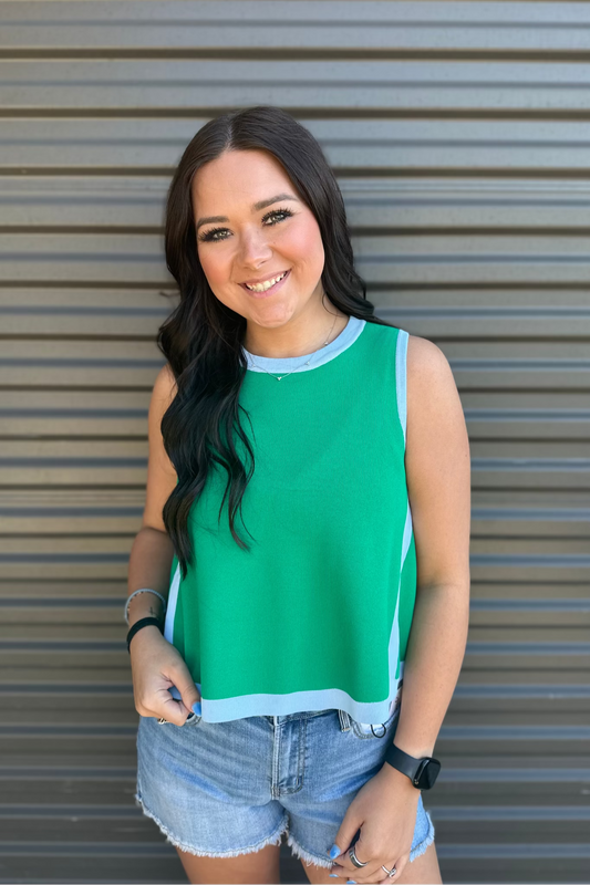 Green with Blue Trim Sleeveless Top Jaxe + Grace Boutique