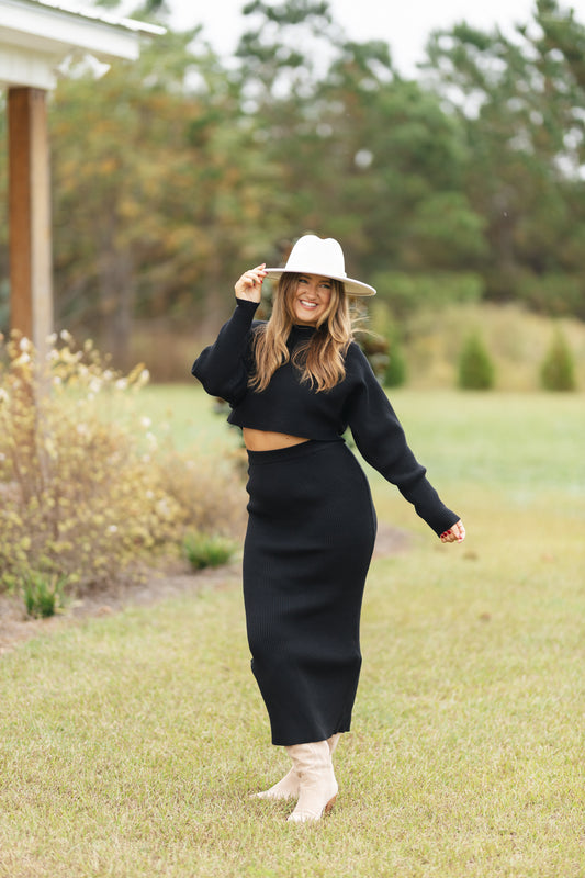 Black Crop Knit Top and Midi Skirt Set