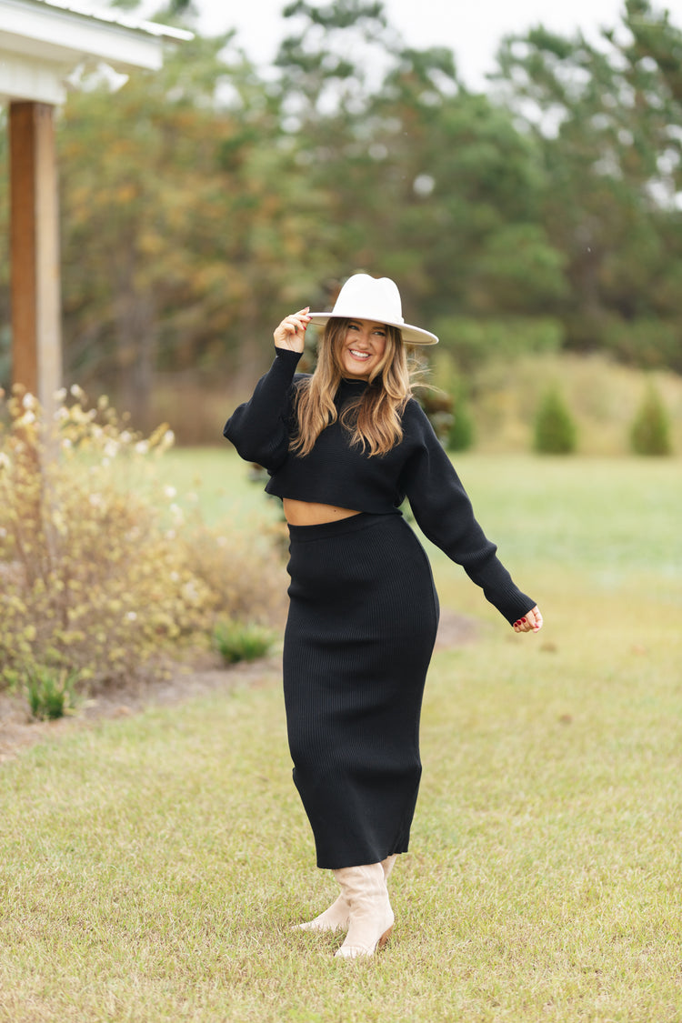 Black Crop Knit Top and Midi Skirt Set