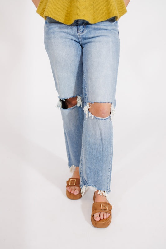 Distressed High Rise Stretch Wide Leg Jeans