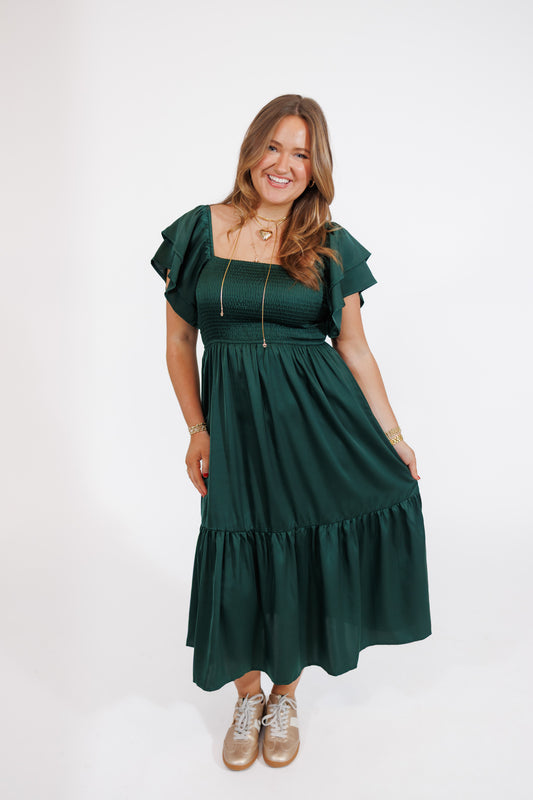 Hunter Green Flutter Sleeve Satin Smocked Midi