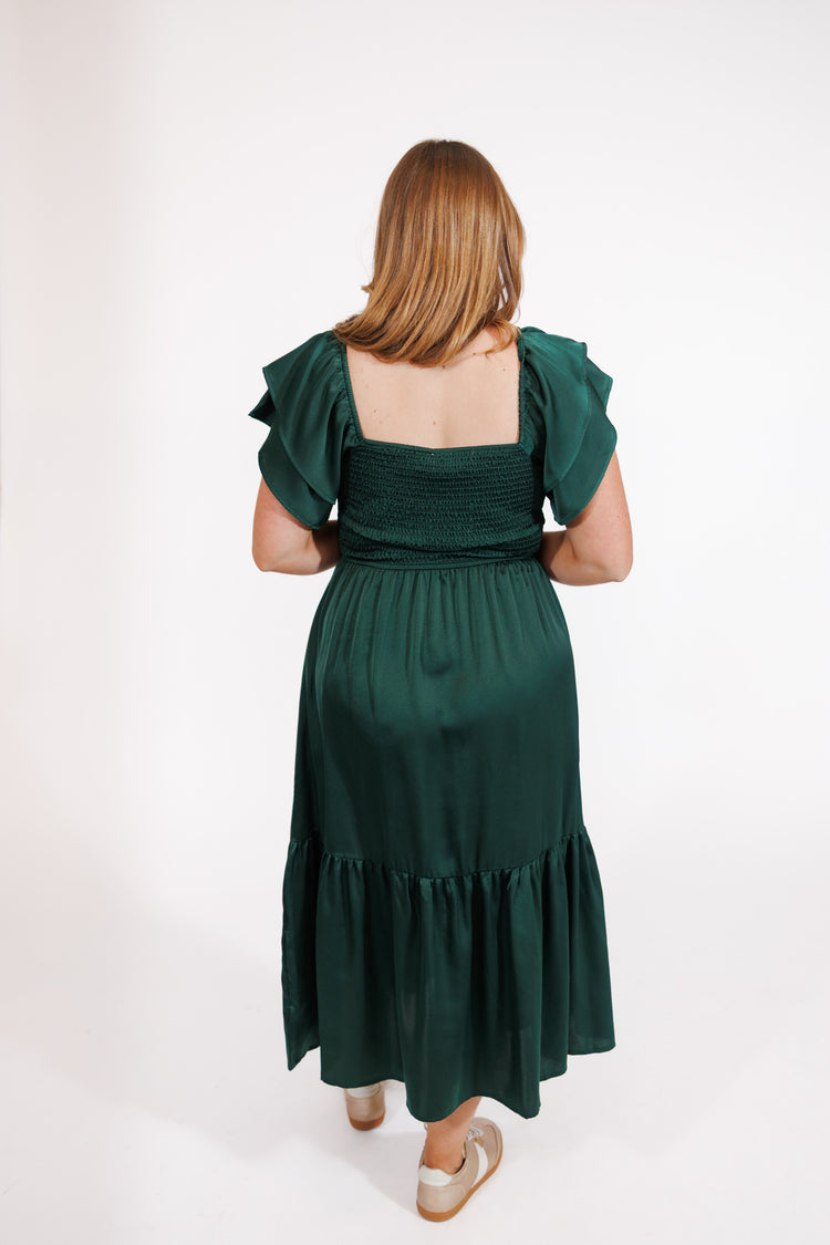 Hunter Green Flutter Sleeve Satin Smocked Midi