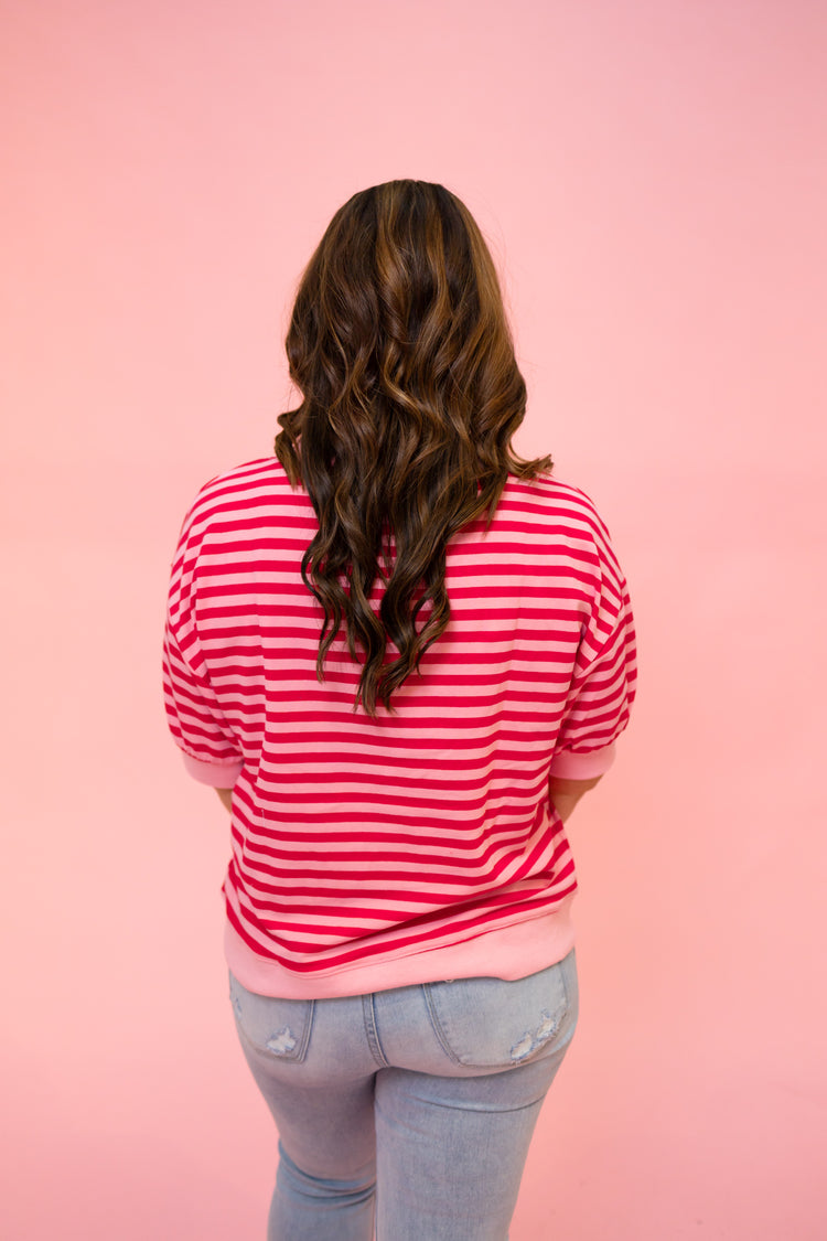 Pink and Red Mock Neck Striped Top