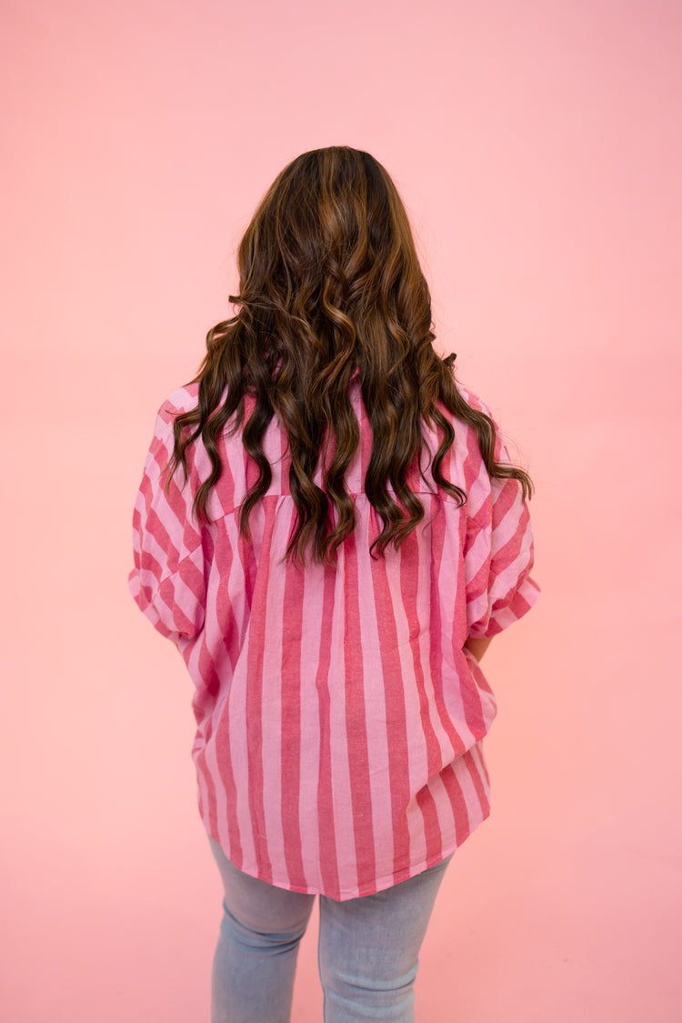 Pink and Red Striped Button Down Oversized Shirt