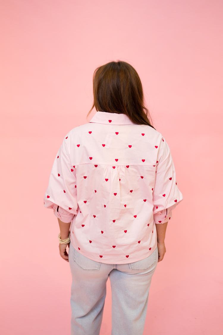 Valentines Heart Embroidered Button Down Shirt
