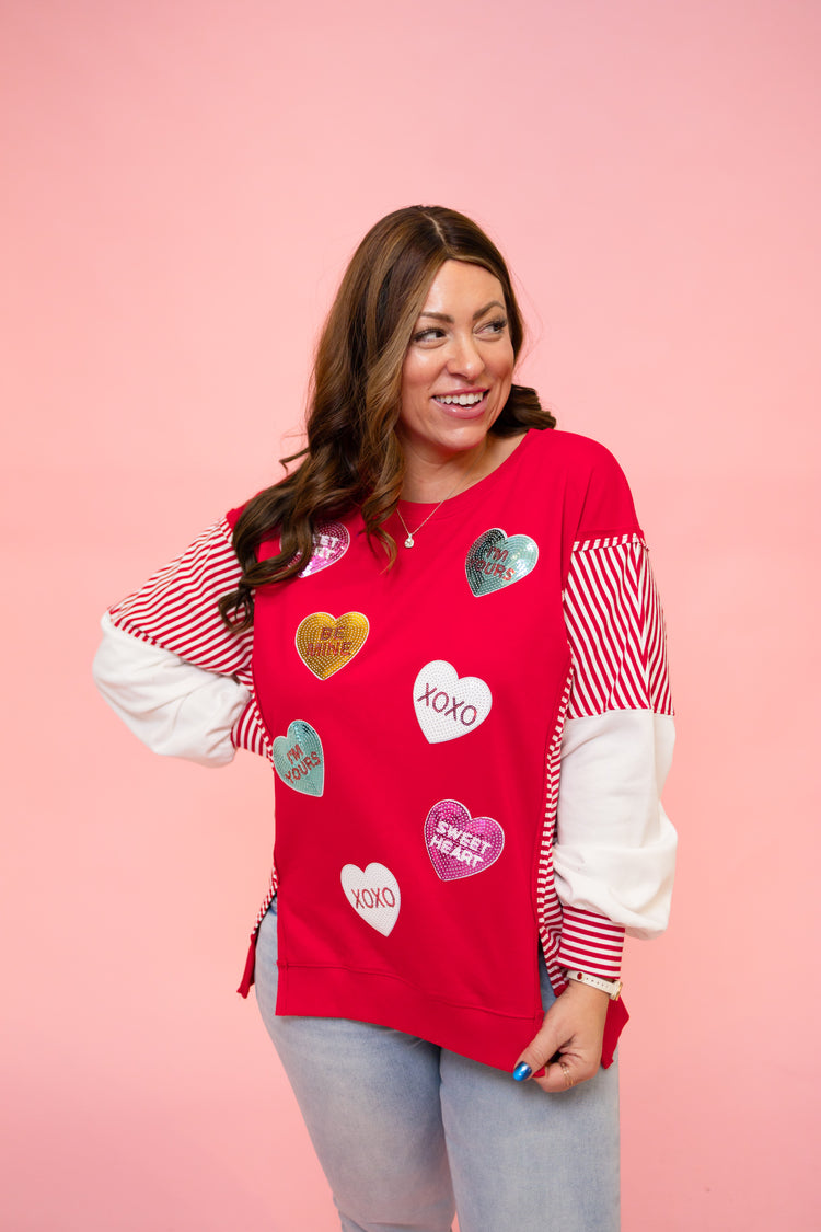Red Sequin Heart Quote Valentines Sweater