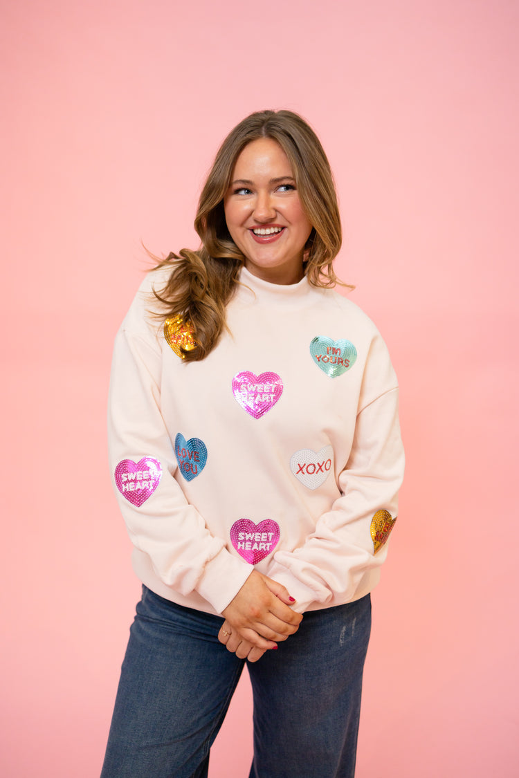Light Pink Mock Neck Sequin Heart Sweater
