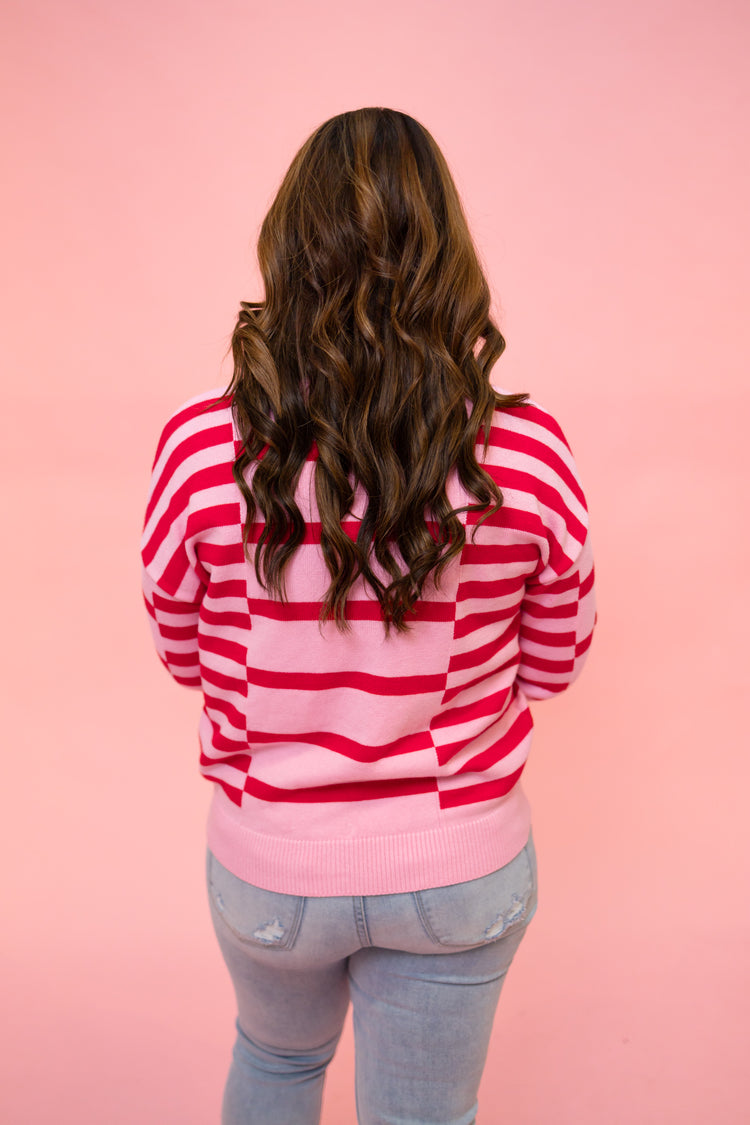 Pink and Red Stripe Ribbed Trim Sweater