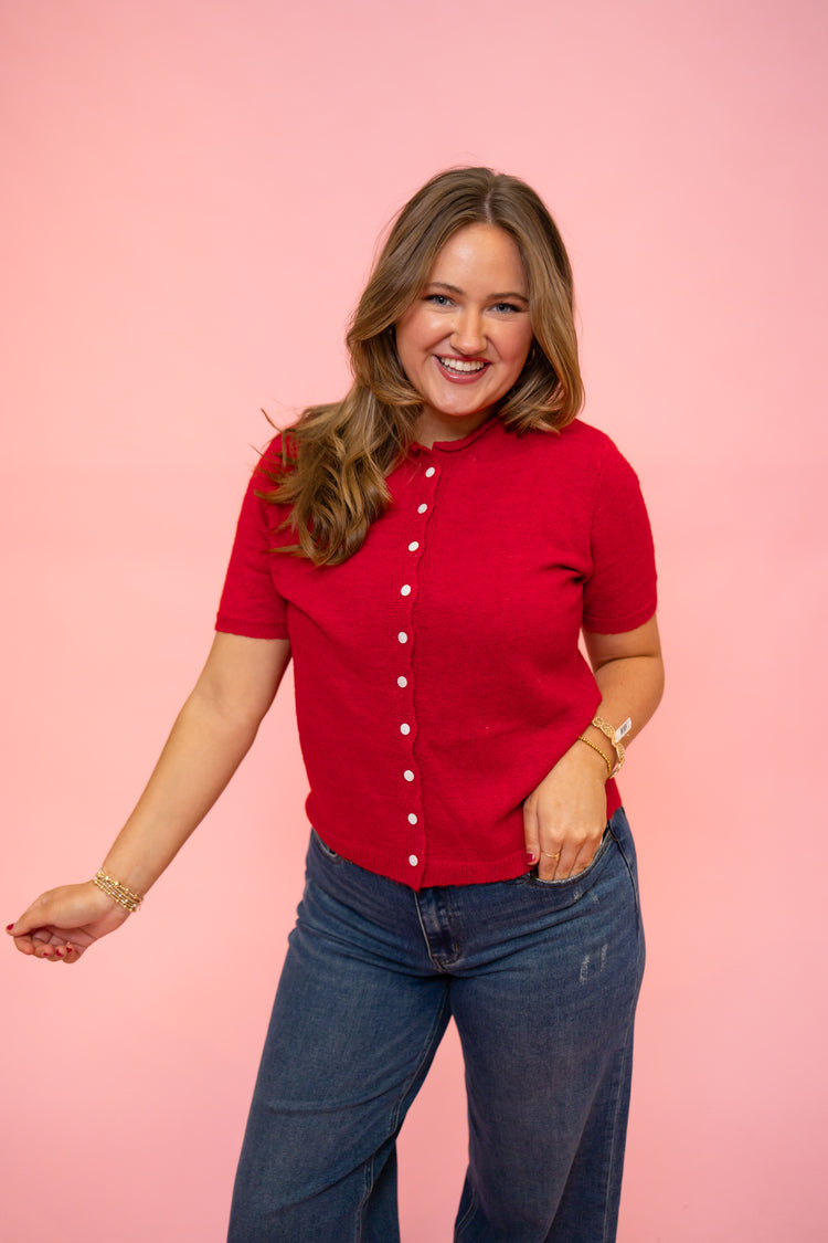 Red Button Up Knit Top