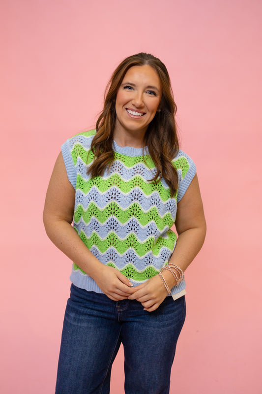 Blue and Green Eyelet Knit Top