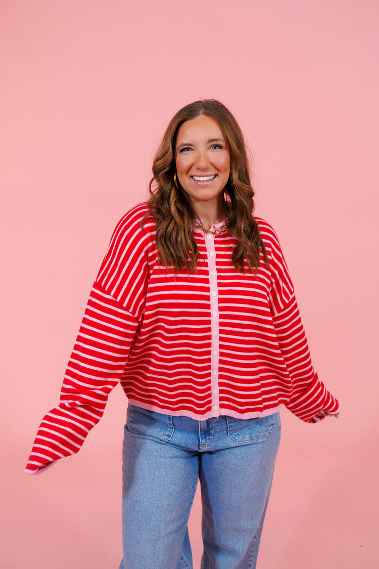 Pink and Red Stripe Button Cardigan Top