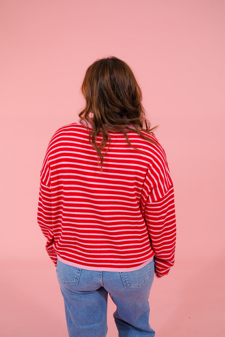 Pink and Red Stripe Button Cardigan Top