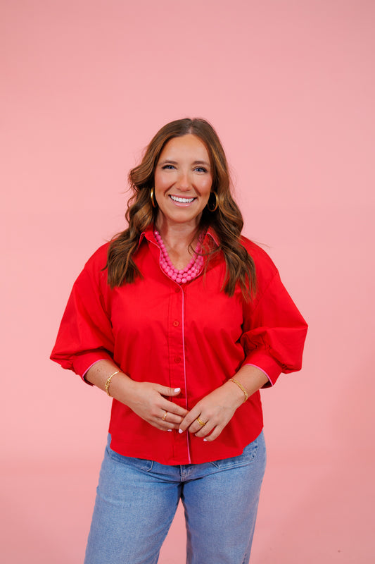 Red with Pink Trim Button Down Top