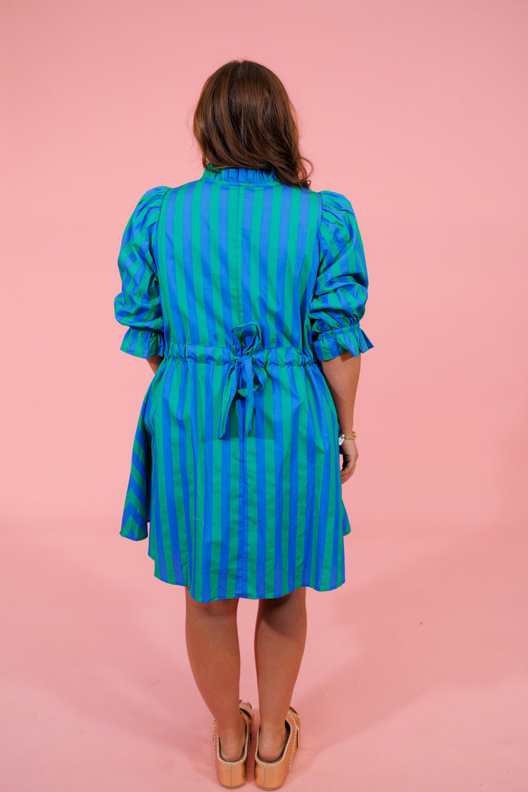 Green and Blue Vertical Stripe Dress