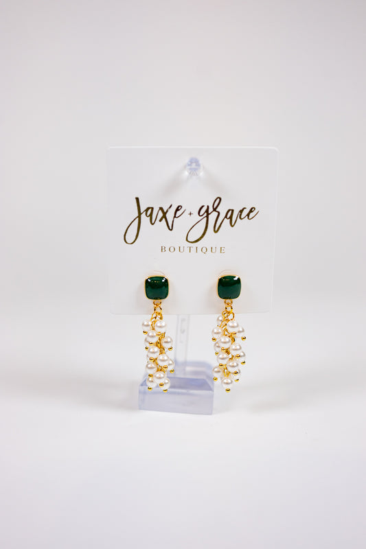 Green Square Pearl Drop Earrings