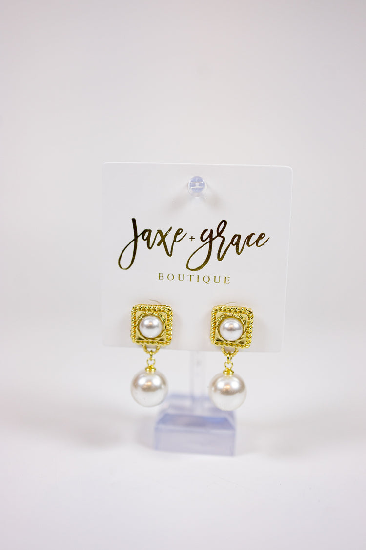 Gold Square Stud Pearl Drop Earrings
