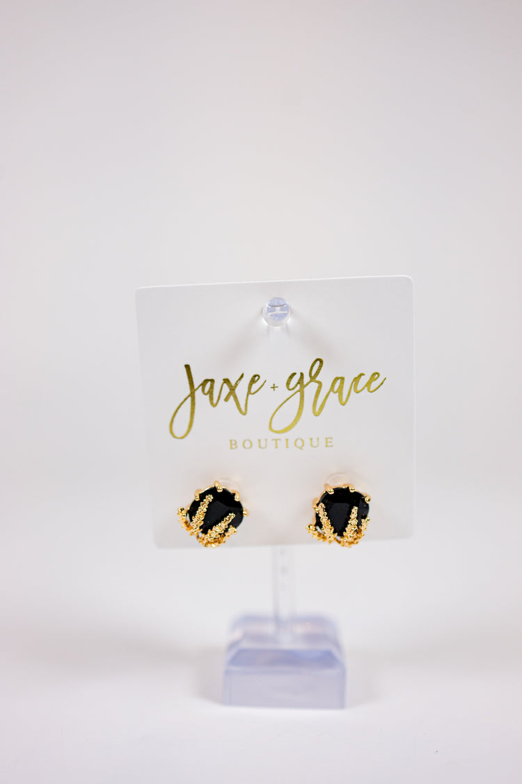 Geometric Black Gold Stud Earrings