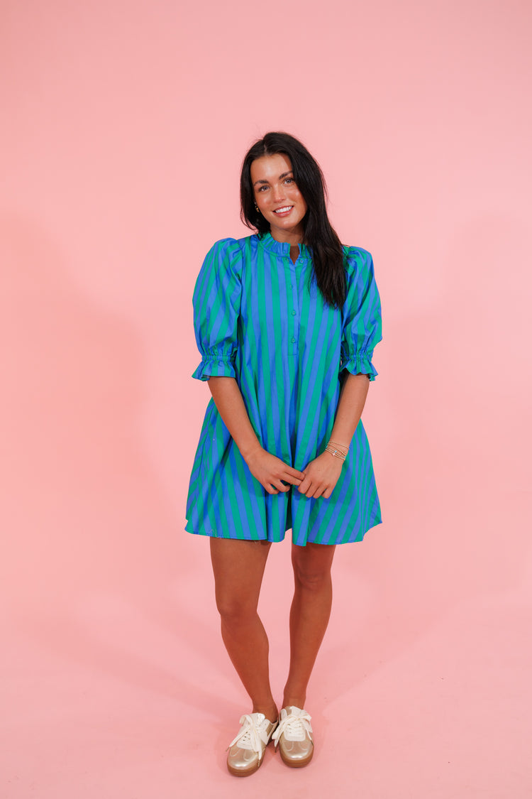 Green and Blue Vertical Stripe Dress