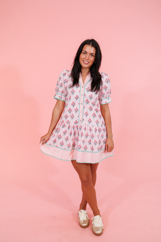 Pink Floral Pleated Neck Dress