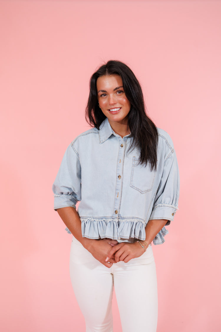 Washed Denim Ruffle Peplum Top