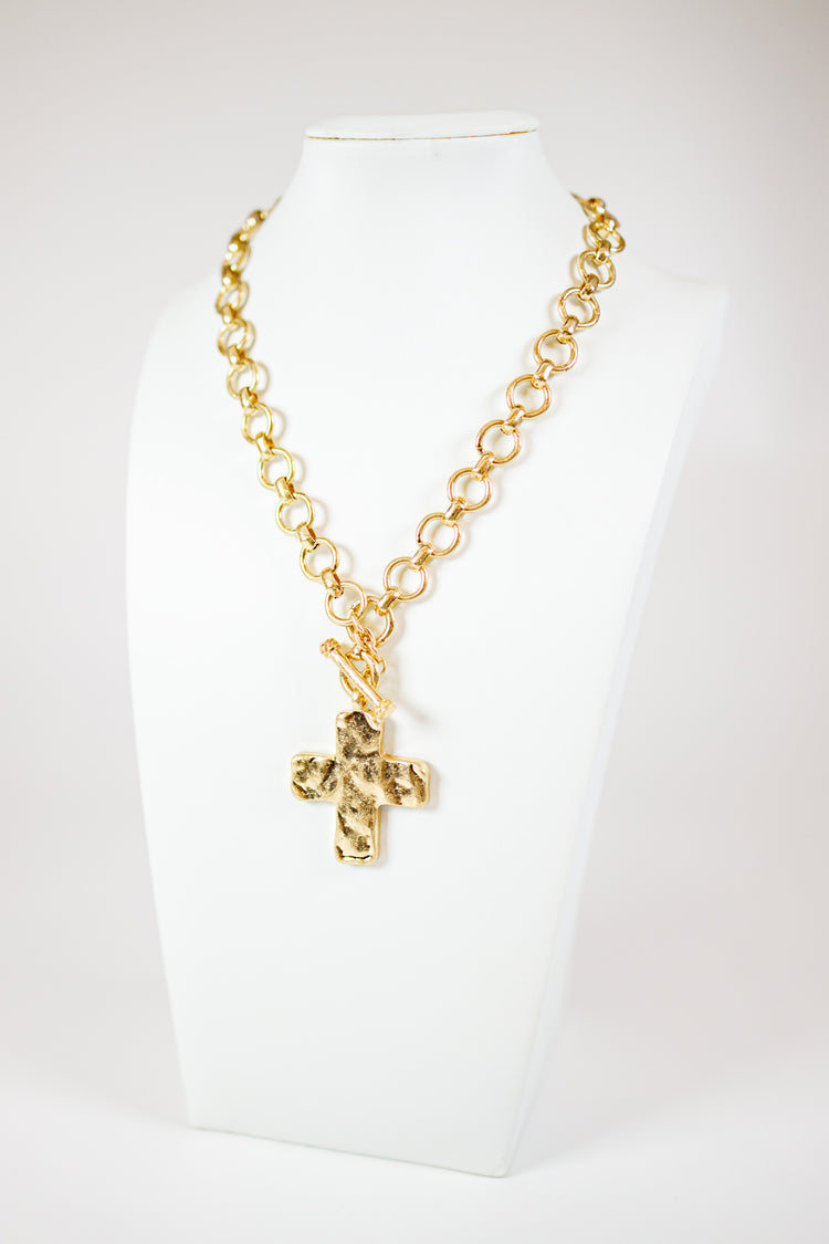 Hammered Cross & Chain Toggle Necklace