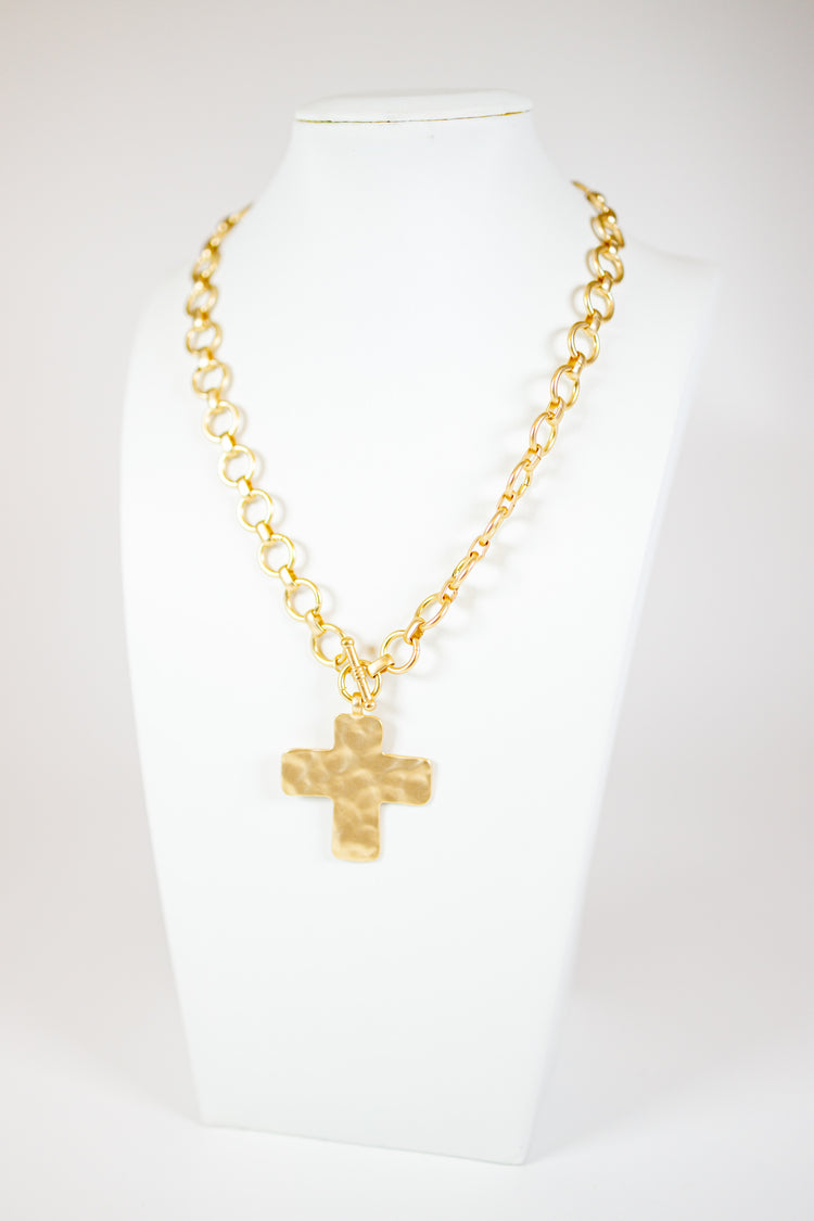 Hammered Cross & Ring Chain Necklace