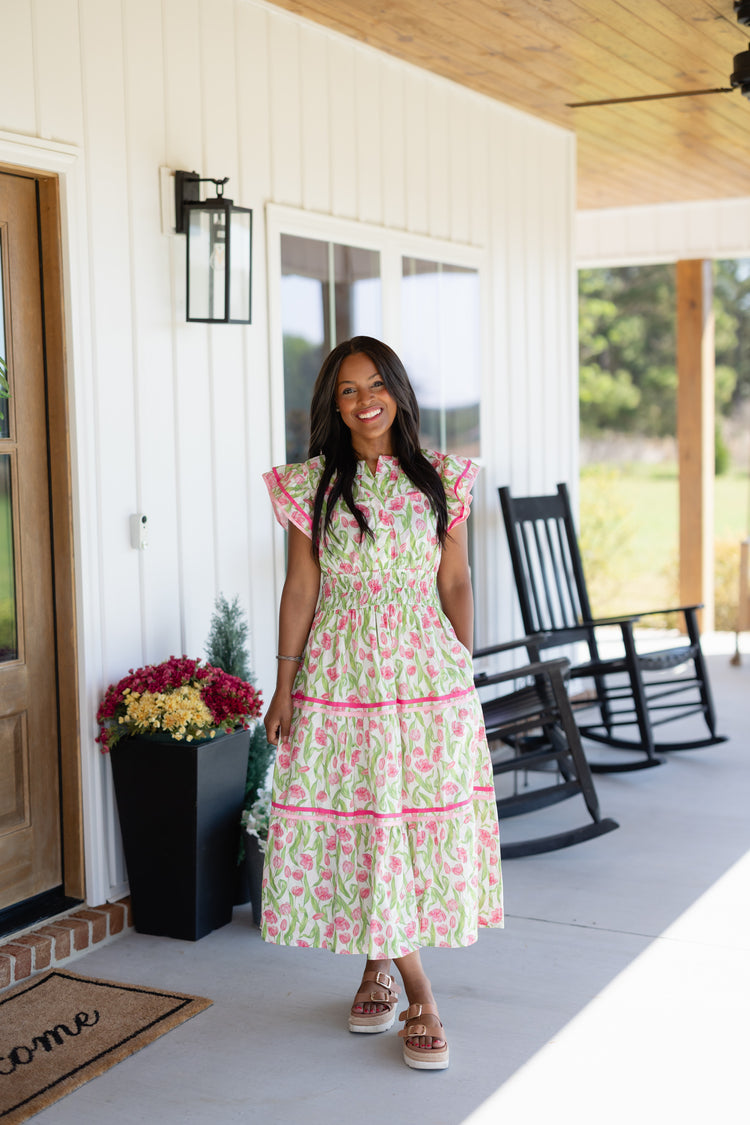 Pink and Green Floral Flutter Sleeve Midi Dress